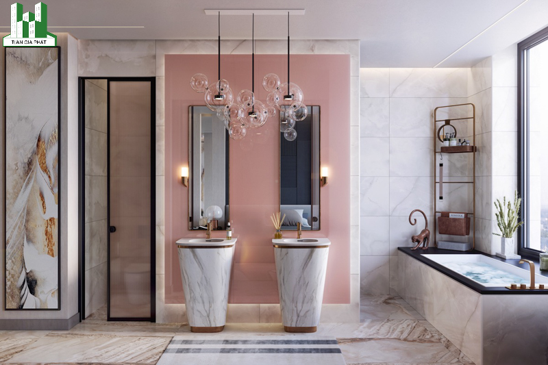 Nổi bật giữa căn phòng là bức tường màu hồng nằm giữa các chi tiết nội thất khác với màu sắc và hoạt tiết vô cùng đặc biệt
