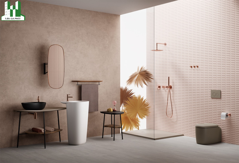 Phòng tắm thiết kế theo phong cách tối giản với bức tường hồng và xám nhạt 
