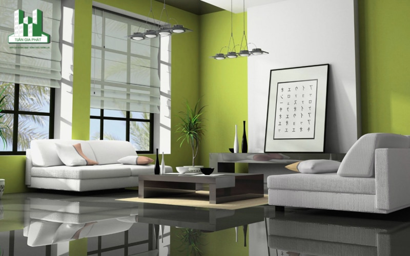 Mẫu thiết kế phòng khách phong cách Á Đông thanh lịch với tông màu xanh lá, xám, trắng kết hợp hài hòa, cân đối.