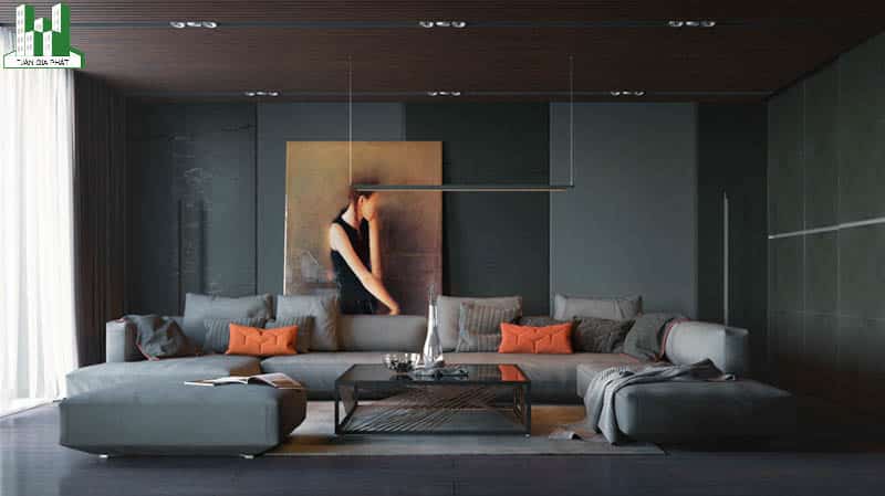 Căn phòng màu xám đậm này là sự phối kết hợp các sắc thái màu sắc với nhau, các bức tường trải dài liền mạch theo ánh sáng của ô cửa tạo không gian đầy tính nghệ thuật.