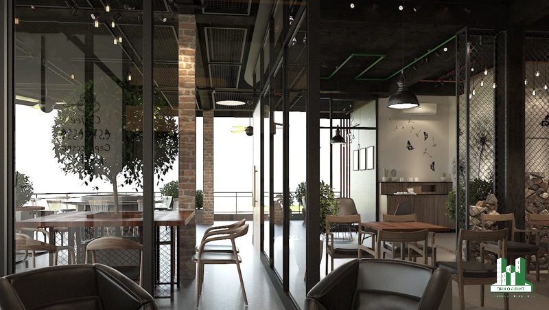 Không gian quán cafe được thiết kế theo phong cách Industrial với đường nét mạnh mẽ, tự do