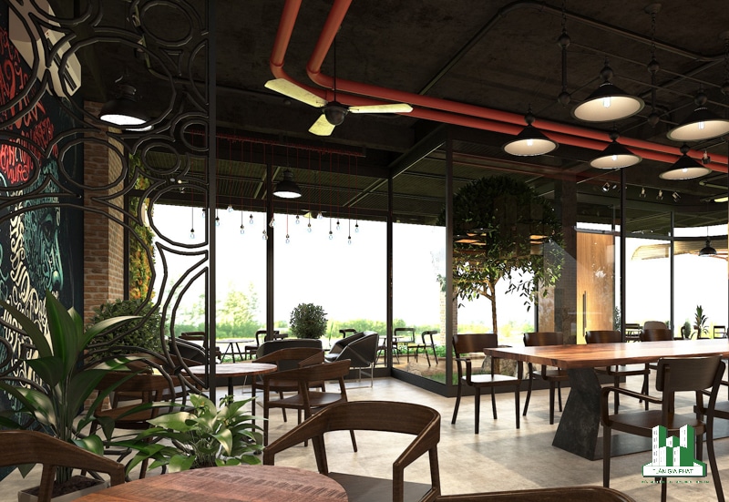 thiết kế quán cafe 2 tầng phong cách Industrial