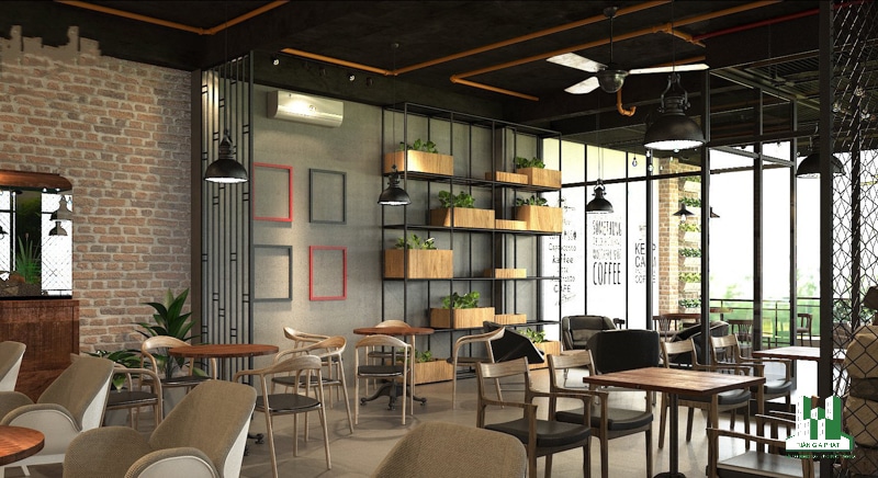 thiết kế quán cafe 2 tầng phong cách Industrial