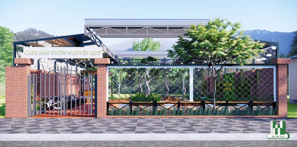 Phối cảnh mặt tiền của quán cafe sân vườn hiện đại