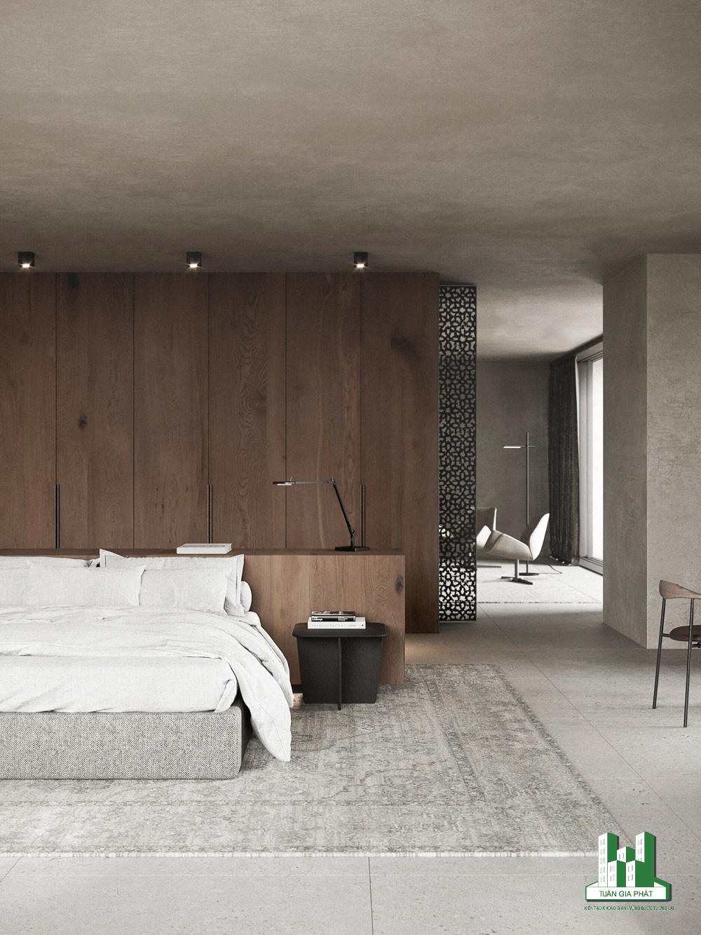 Phòng ngủ Zen hiện đại với bức tường nổi bật bằng gỗ, giường bọc nệm với bộ đồ giường màu trắng, kệ đầu giường bằng kim loại và đèn cùng tone màu đen.
