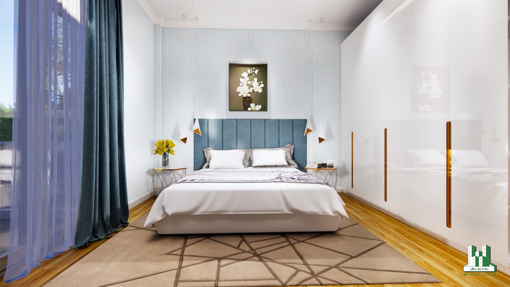 Phòng ngủ chính nổi bật với 2 gam màu trắng và xanh dương đậm