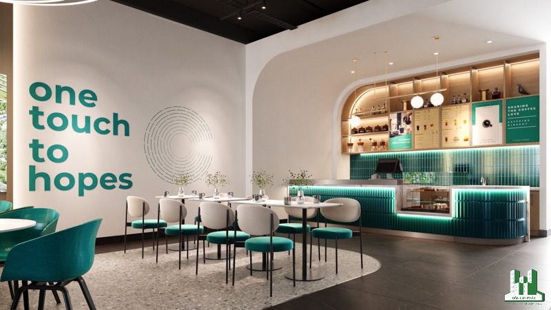 Không gian cafe được thiết kế cùng tông màu xanh dương của thương hiệu Ecoe